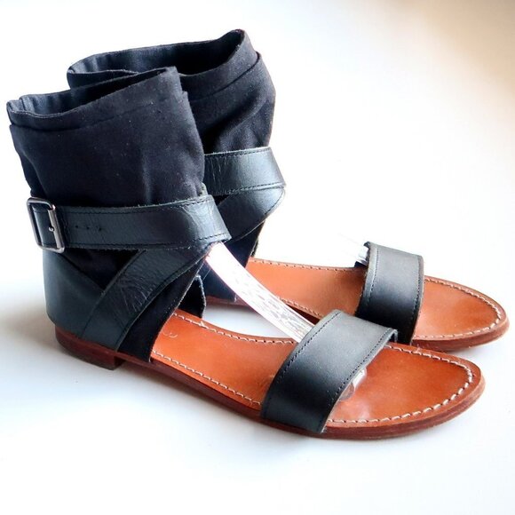 Mellow Yellow Black Leather & Linen Flat Gladiator Sandals Open Toe Summer Shoes - Picture 16 of 16